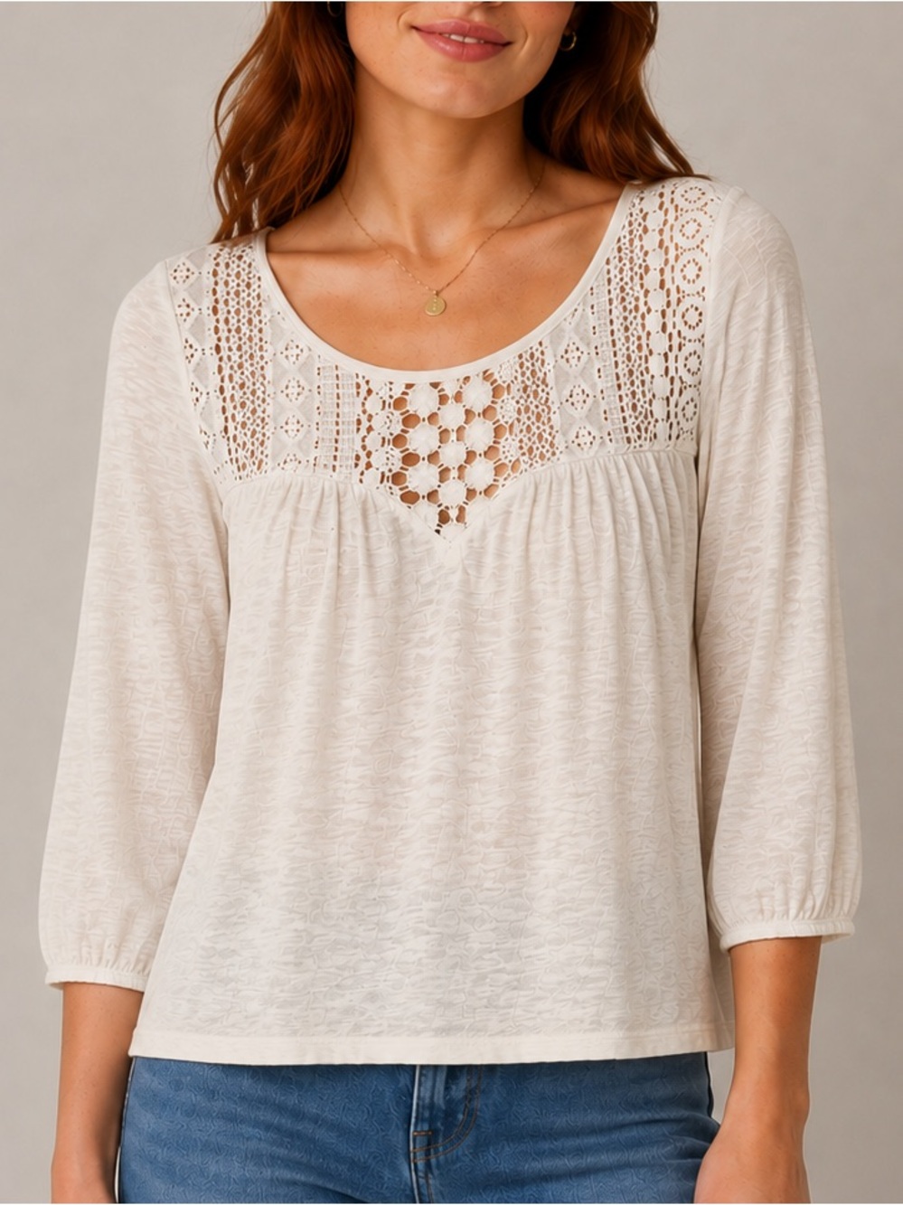 American Eagle Ivory Lace Crochet Boho Top XS 3/4 Sleeve Keyhole Cottagecore